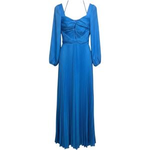Chicways Blue Pleated Maxi Dress Long Sleeve Ruched Cutout Formal Gown Small